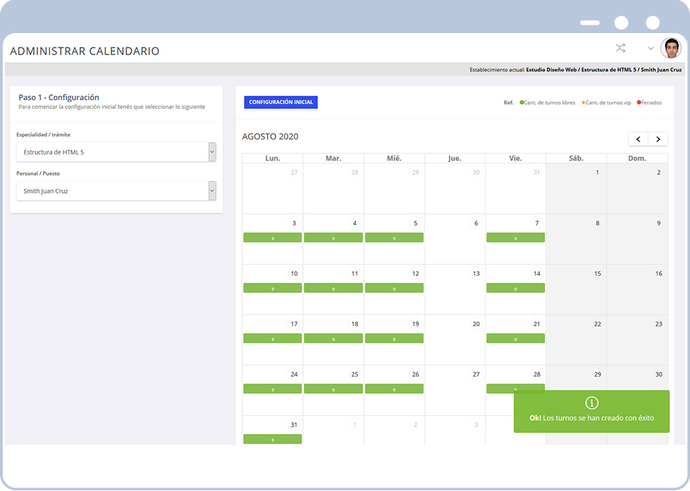 Administrador de turnos Configuracion calendario