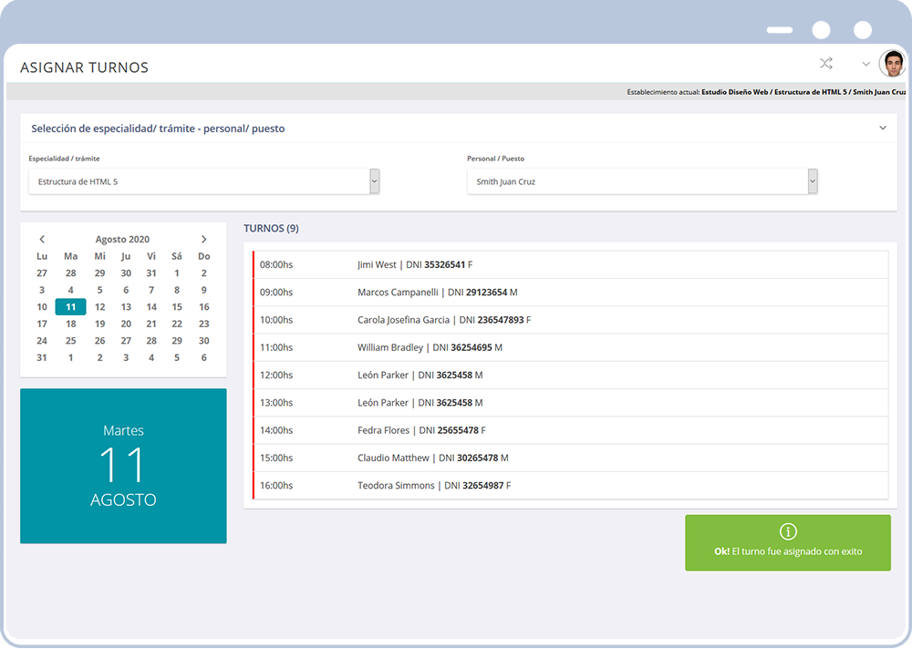 Administrador de turnos Configuracion calendario