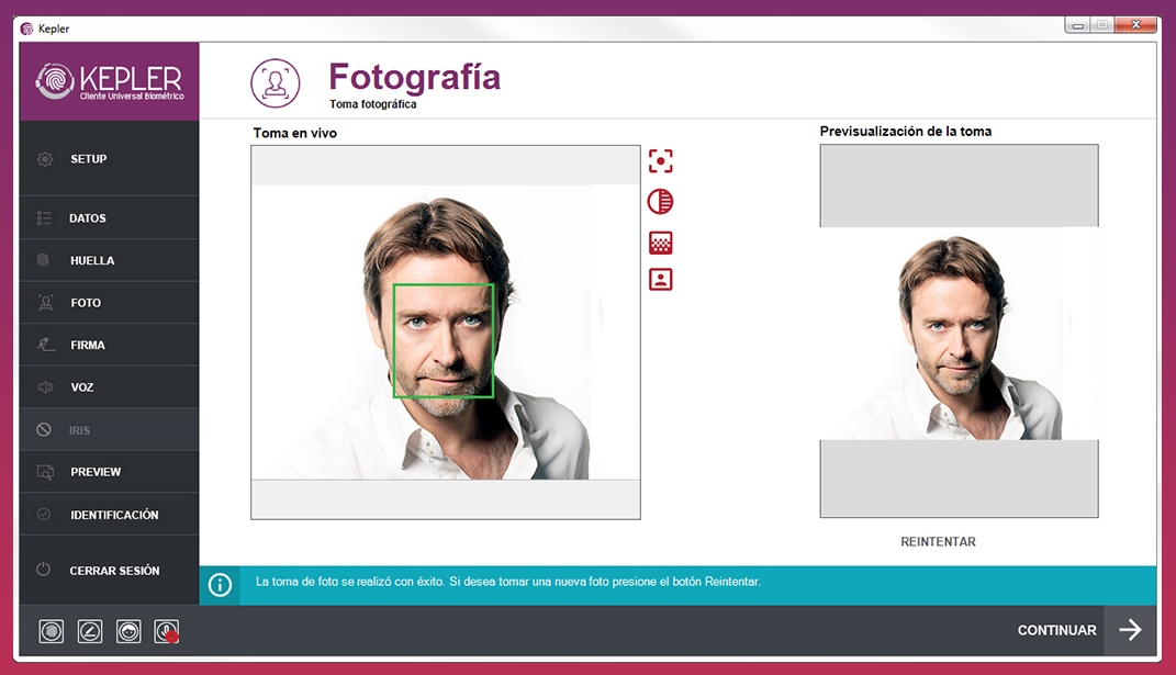 pantalla toma de foto kepler Biometría facial